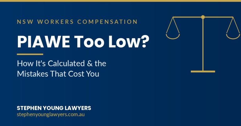 PIAWE calculation NSW - navy and gold graphic with scales of justice, headline PIAWE Too Low? How It's Calculated and the Mistakes That Cost You, Stephen Young Lawyers