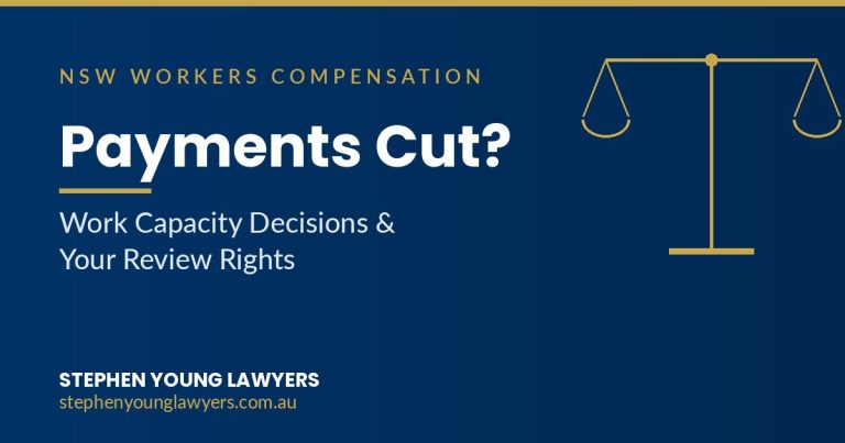 Work capacity decision NSW - navy and gold graphic with scales of justice, headline Payments Cut? Work Capacity Decisions and Your Review Rights, Stephen Young Lawyers